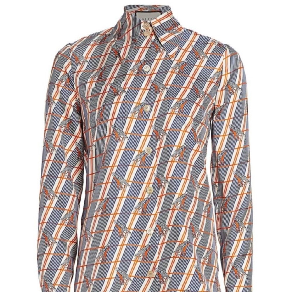 Gucci Silk Heritage Giraffe Twill Long Sleeve Button Up Blouse Italy Size 40 - Picture 4 of 16
